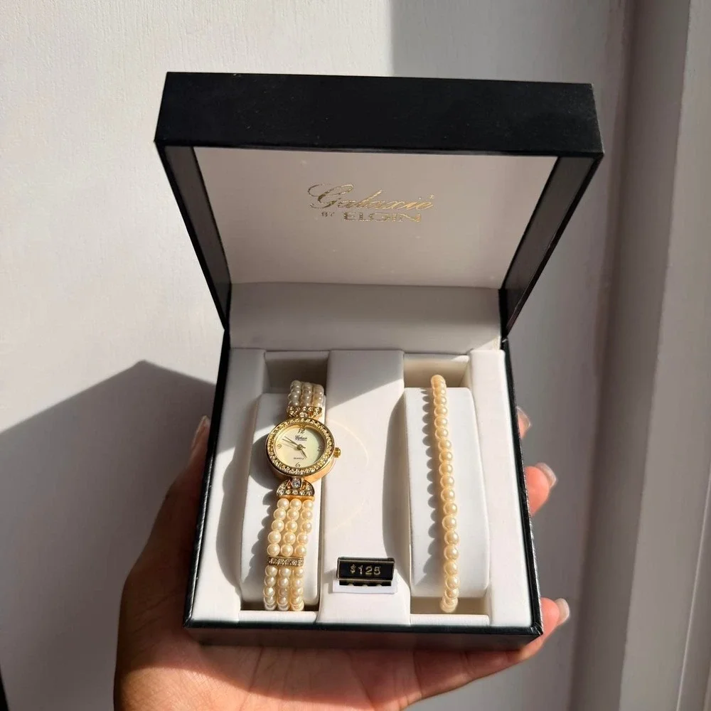 GOLD TONE GALAXIE BY ELGIN FAUX PEARL WATCH AND BRACELET SET